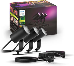 Philips Hue Lily Starter Kit Gartenstrahler – weißes und farbiges Licht – 3 Spots – Schwarz – Niederspannung – Basic 