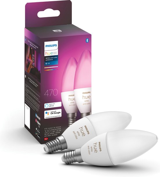 Philips Hue Kaarslamp Lichtbron E14 Duopack - wit en gekleurd licht - 5,2W - Bluetooth - 2 Stuks